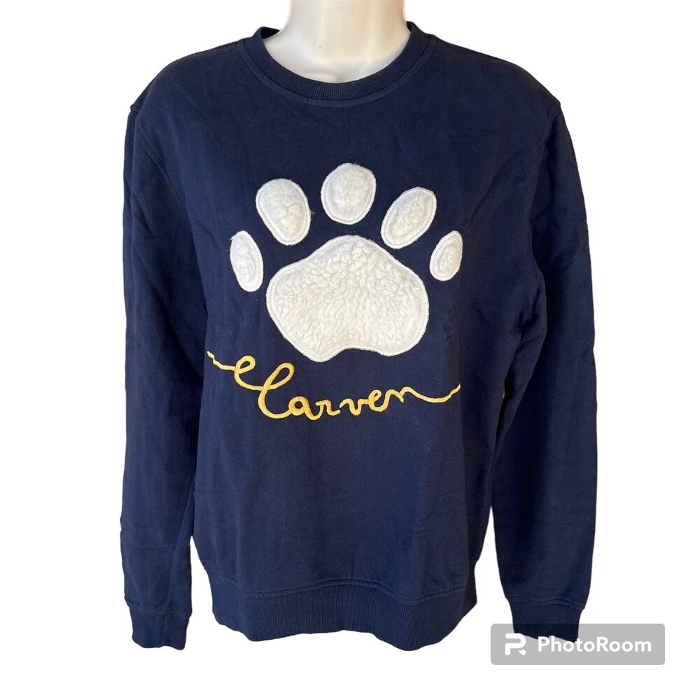 Carven Pullover Lightweight Sweatshirt Paw Print Sherpa Fleece Navy S Unisex